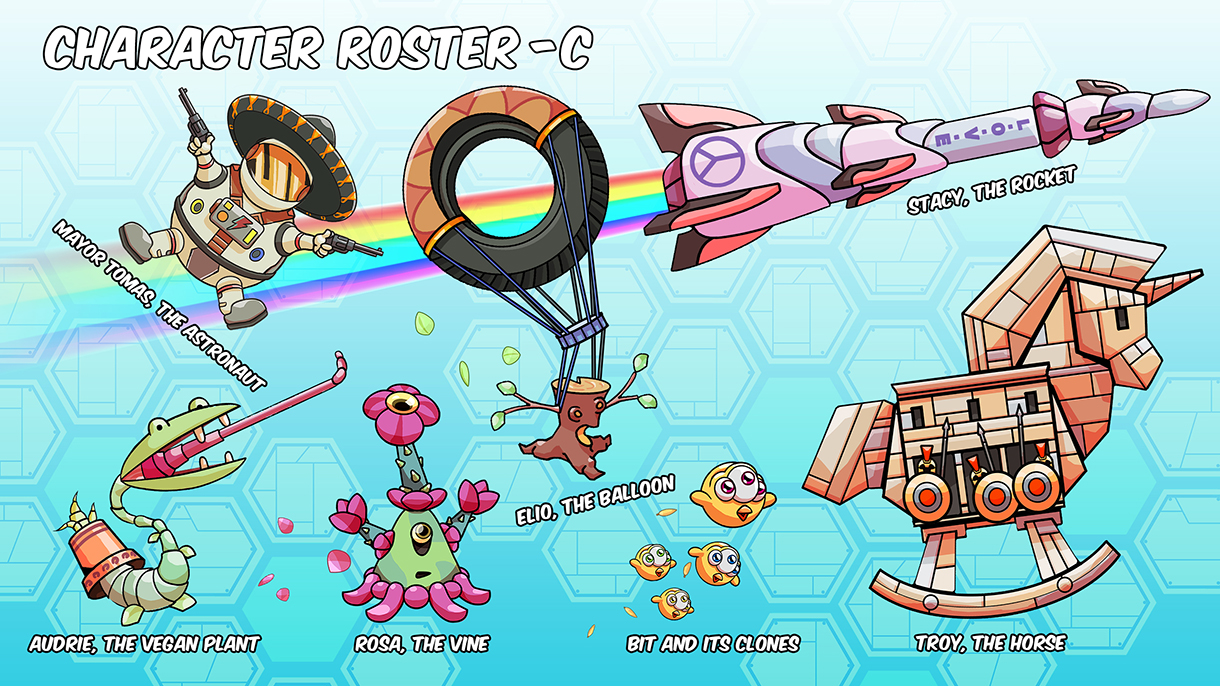 Mixee labs - Game character design - Concept art - Mexican mariachi astronaut, alien carnivorous plant, alien plant, mutant three eyed chickens, dildo love rocket, wooden toy trojan horse