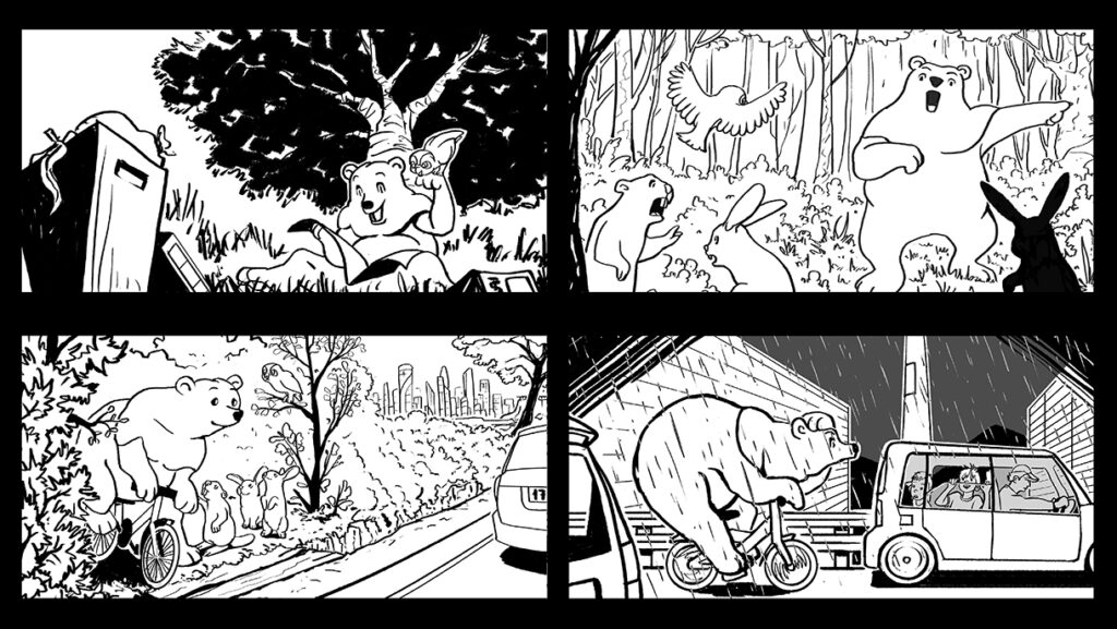 Illustrated story tale for children demo in a charcoal cartoon style by Andrés Avaray