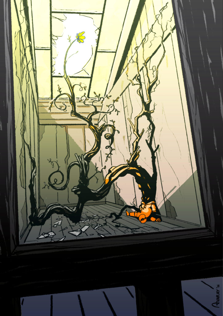 Garret life force - Fantasy Illustration by Andrés Avaray - An abandoned attic loft where, from the remains of an old doll representing a child, a climbing plant grows in search of light, eventually breaking through the glass roof and finally blossoming when it reaches the sunlight.