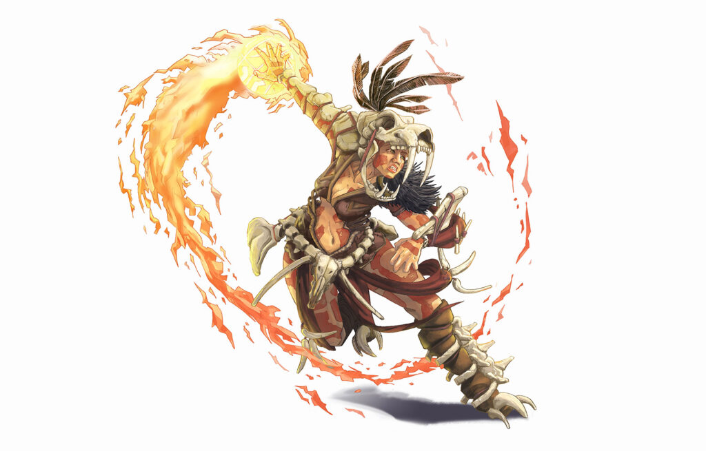 Angry shamanic female tribal warrior design playing with a fire ball by Andrés Avaray - crude energy and dinamism - digital painting illustration concept art - primitive football character fantasy magic clothe skeleton bones color palettes game book shaman