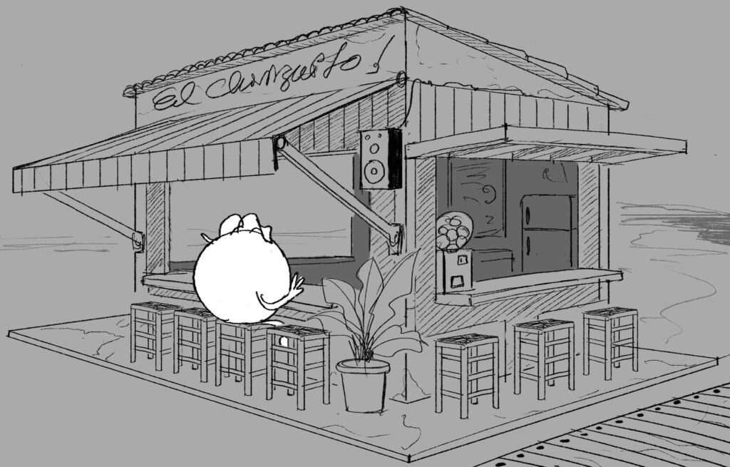 Trina Zero TV commercial beach snack bar concept art by Andrés Avaray