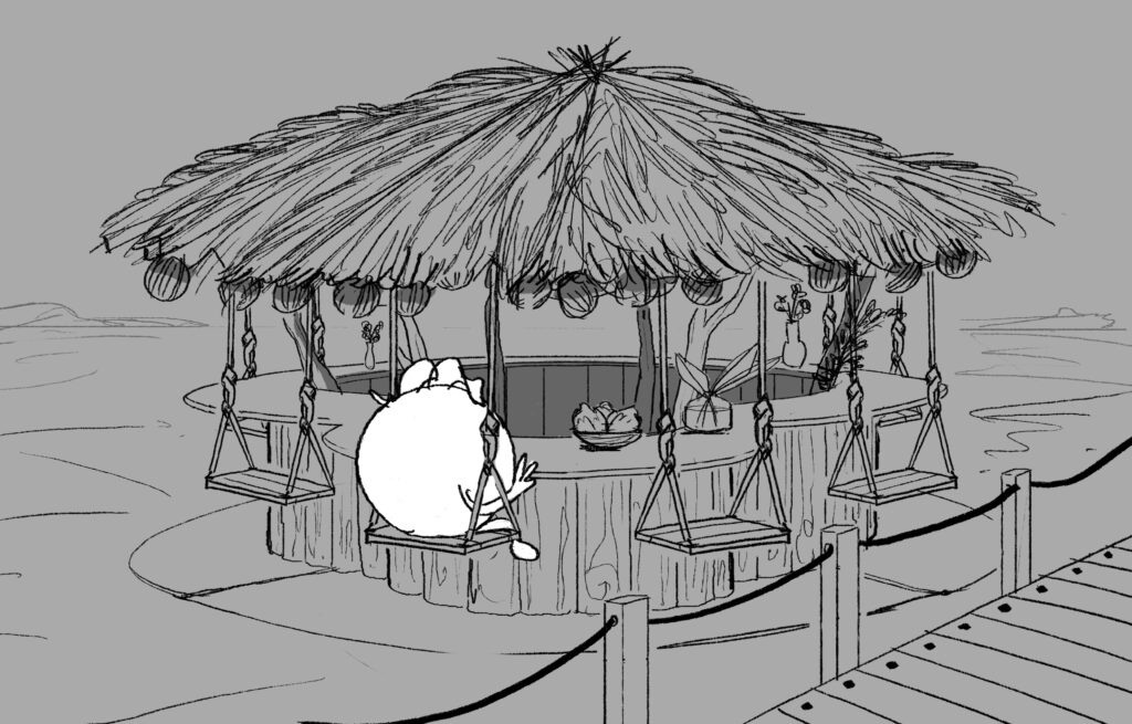 Trina Zero TV commercial beach snack bar concept art by Andrés Avaray