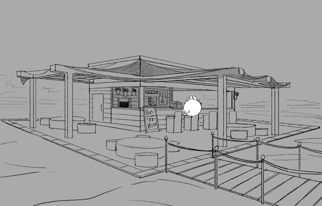 Trina Zero TV commercial beach snack bar concept art by Andrés Avaray
