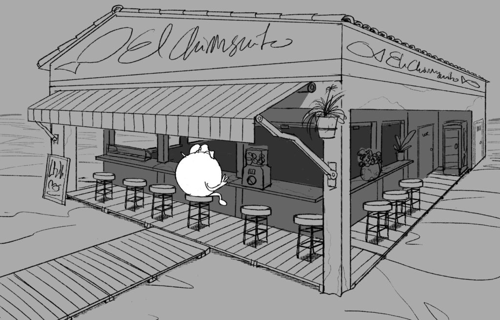 Trina Zero TV commercial beach snack bar concept art by Andrés Avaray