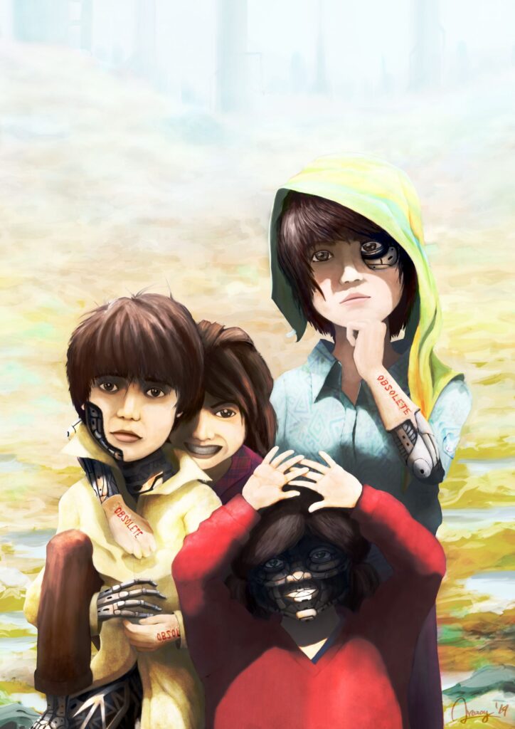 Fantasy Illustration by Andrés Avaray - Happy child robots playing in a dump - poverty third world gang consumism capitalism future world tramp obsolescence deprecated obsolete humanoid robots - digital painting iilustration concept art - artwork character design book illustration color palette fantasy scify futuristic dream robot postapocalyptic visual poetry