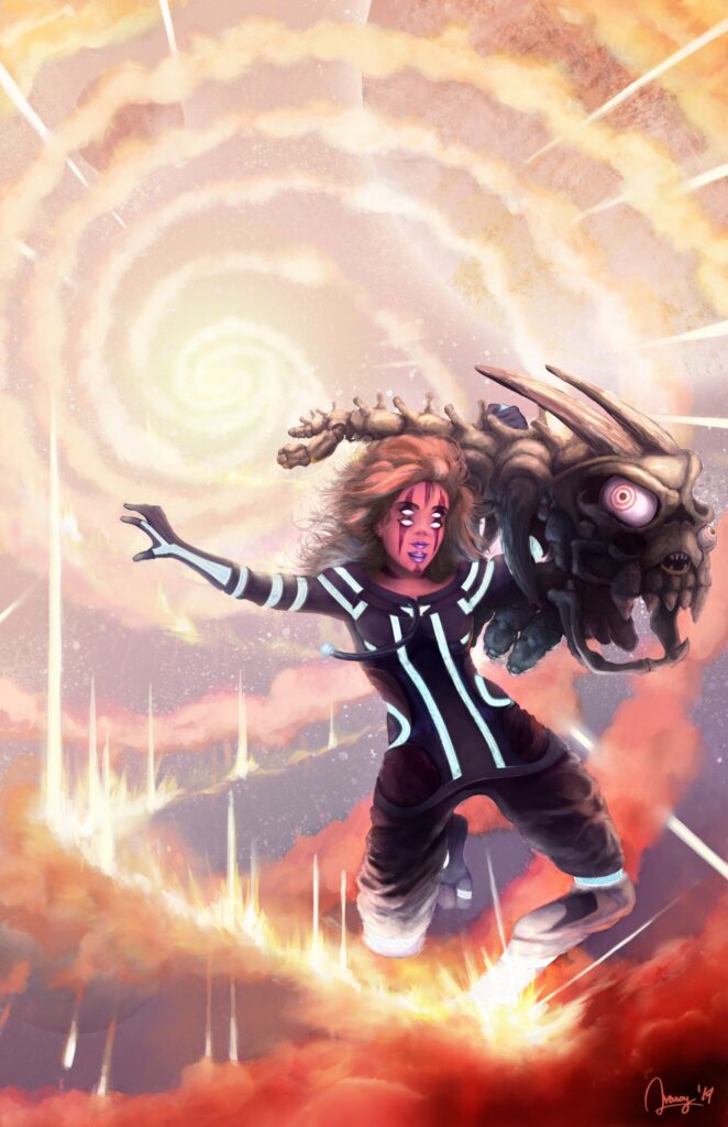 Fantasy Illustration by Andrés Avaray - Four eyed hot blonde girl falling into wormhole black hole dimensional portal with skeleton creature vertigo sickness astraltravel spacetravel - digital painting iilustration concept art - creature character game book illustration color palettes fantasy scify dream oniric art magic visual poetry