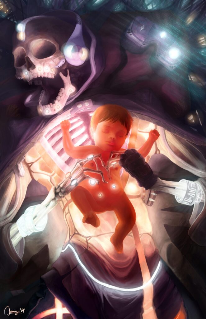 Fantasy Illustration by Andrés Avaray - Jeweled sci fi futuristic corpse skeleton and new born child - life creates and destroys itself in a neverending cycle - digital painting illustration concept art - lifecycle tomb crypt catacombs - character game book color palettes scify futuristic dream nightmare magic visual poetry technology art