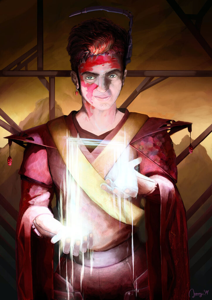 Fantasy Illustration by Andrés Avaray - Futurístic hero or villain wizard with liquid radiant magic in his hands - digital painting illustration concept art - magician wizar radiant light futuristic scify fantasy dream disturbing hero villain character fantasy magic color palettes