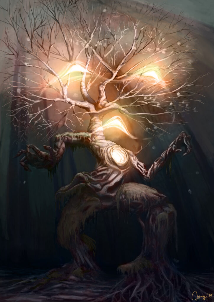 Fantasy Illustration by Andrés Avaray - walking tree creature with light face and eyes in a forest at night - night fantasy forest walking spirit - digital painting illustration concept art - creature firefly nature magic character color palettes night scene game book shaman giant creature