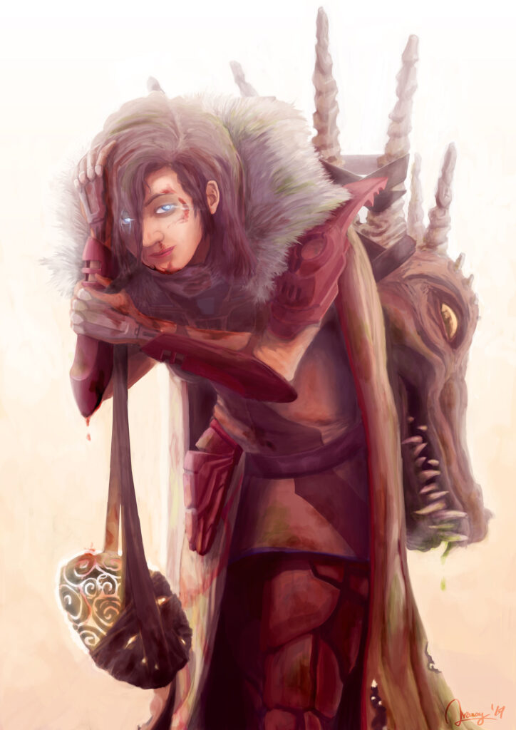 Fantasy Illustration by Andrés Avaray - Sensible female warrior with tiredness and exhaustion in her eyes and a little satisfaction for her bloody success carrying a cutted dragon head and a dragon egg - magical gaze armour - digital painting illustration concept art - character game art book color palettes fantasy magic visual poetry