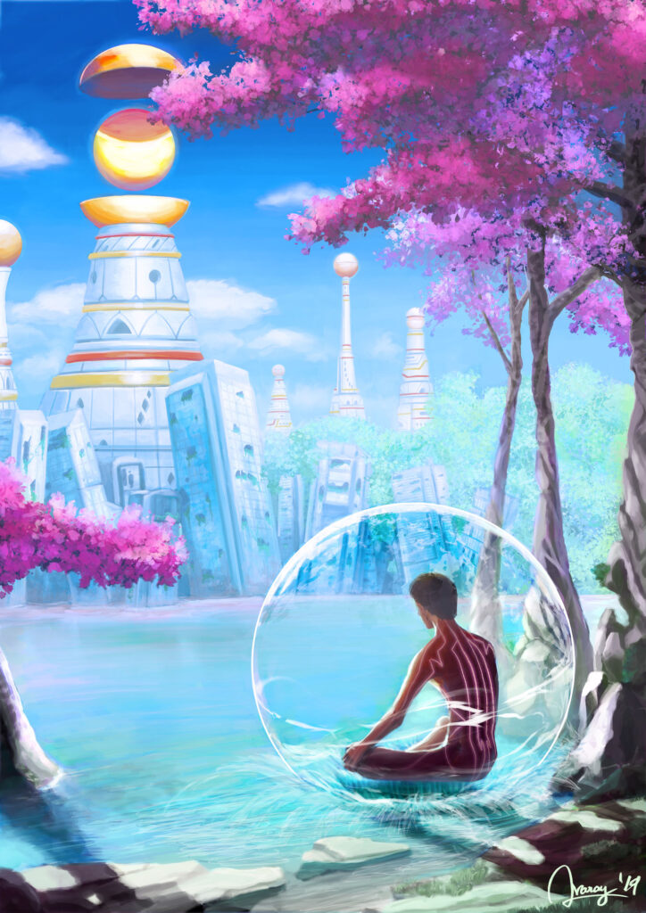 Fantasy Illustration by Andrés Avaray - Guy in a magic bubble doing meditation at the river contemplating collapsed civilization in the near future back to nature - digital painting illustration concept art - Fantasy scify magic postapocalyptic visual poetry dream color palettes game scenery enviroment book futuristic