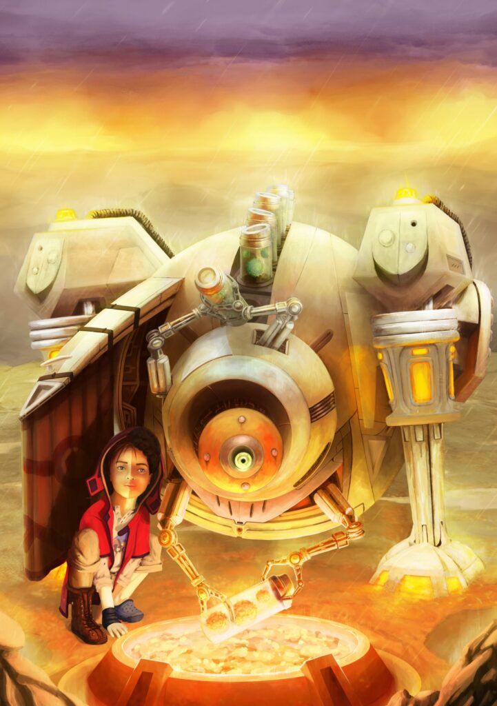 Fantasy Illustration by Andrés Avaray - robot mecha and child friend in the rain and fire burning viruses - postapocalyptic world virus pandemic child storm - digital painting illustration concept art - scify fantasy concept art digital painting illustration concept warm palette videogame game book visual poetry