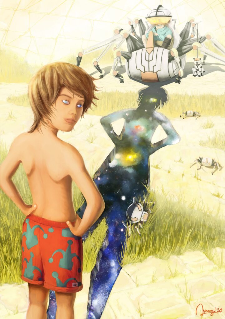 Fantasy Illustration by Andrés Avaray - Young cosmic boy staring magic look old man on a spider machine - life cycle universe galaxy shadow - digital painting illustration concept art - fantasy artwork concept art artwork robot mecha digital paint dream creature character design game book illustration futuristic