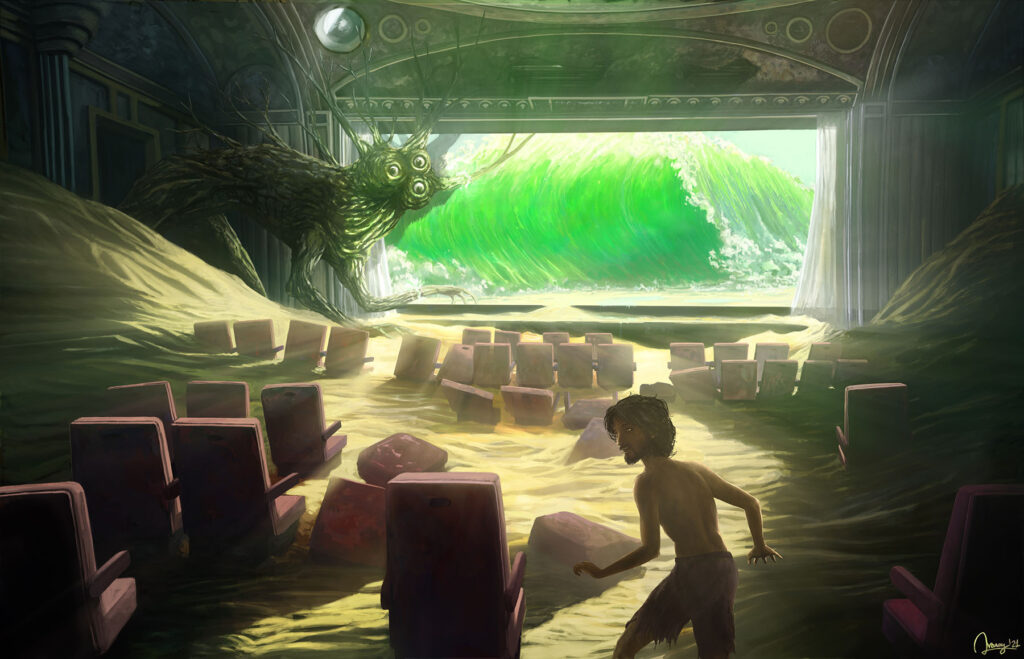 Fantasy Illustration by Andrés Avaray - movie theather in which the screen where a beach scene projected invaded the reality of the theater itself and a water wave advanced towards a poor shipwrecked confused man and a strange creature walks between both worlds - digital painting illustration concept art - creature character art game film book scenery art enviroment color palette dream nightmare art
