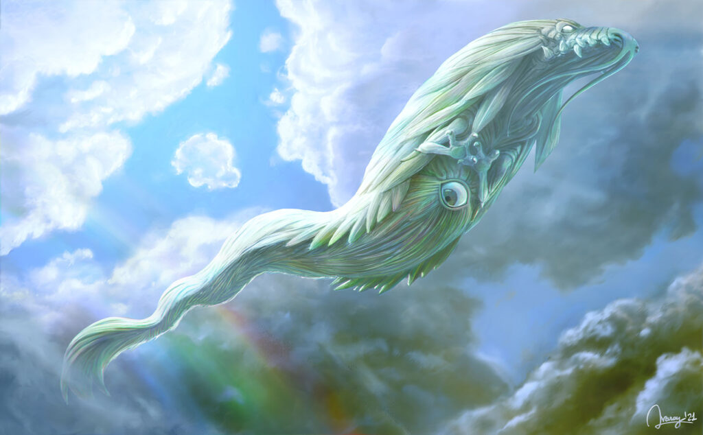 Fantasy Illustration by Andrés Avaray - Majestic clear sky, a silvered feathered dragon floats in the air, at peace, serene, master of himself and his space, calm, staring, hope call. - digital painting illustration concept art - creature character game shining dragon