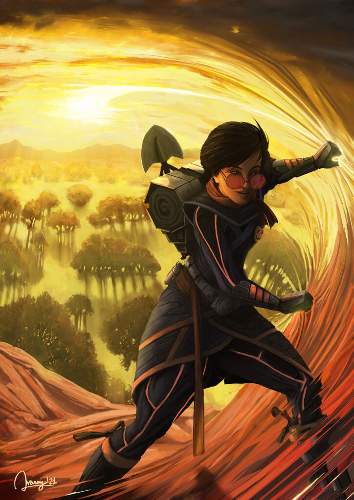 Fantasy Illustration by Andrés Avaray - Female explorer in a long journey grabbing and warping space time and scenery with her bare hands - dimensional portal warp travel seeker - digital painting illustration concept art - character artwork game book scenery enviroment color palettes fantasy scify scifyart futuristic dream magic visual poetry