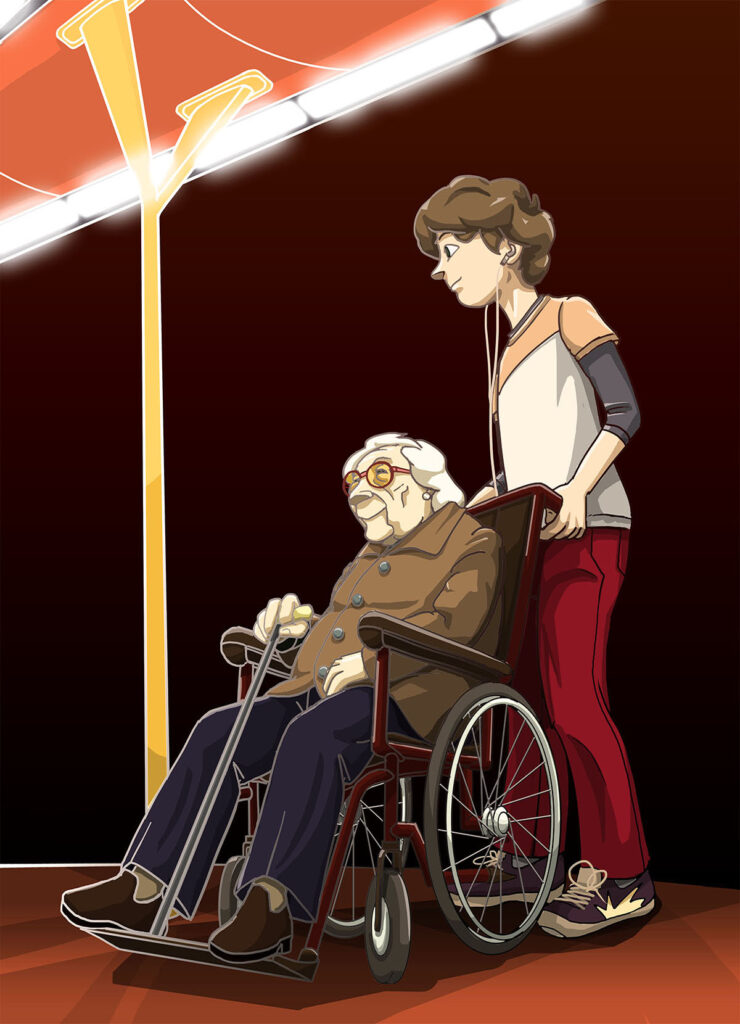 Old woman granny in a wheelchair assisted by young boy with headphones at subway illustration comic manga bande dessinée by Andrés Avaray