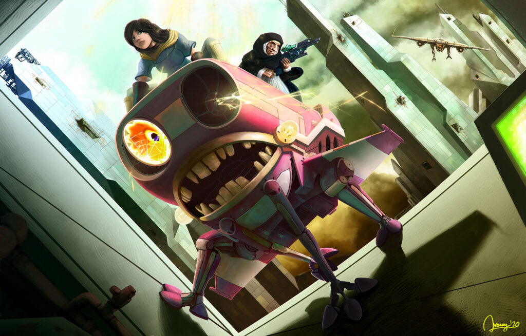Fantasy Illustration by Andrés Avaray - old obsolete mecha robot mounted by young women and old women in a chase cinematic scene action battle pursued by a battle war drone in a futuristic alien city - digital painting illustration concept art - creature artwork character vehicle game scenery enviroment mecha color palettes fantasy scify futuristic postapocalyptic visual poetry technology