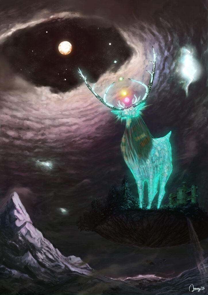 Fantasy Illustration by Andrés Avaray - Supernatural beautiful proud deer in a town island of floating land in the middle of a crude storm - Creature ghostly spectre magical being - digital painting illustration concept art - creature artwork character game book scenery enviroment color palette fantasy dream magic card visual poetry fantasy deer floating island giant creature