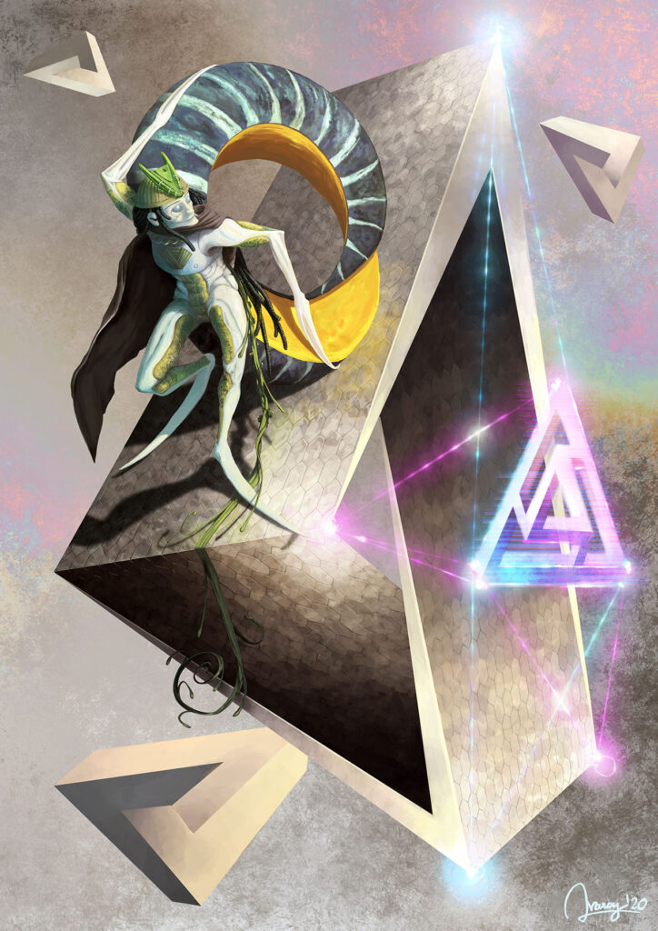 Fantasy Illustration by Andrés Avaray - Greek mithology Sisyphus' curse condemned for all eternity to push a boulder to the top day after day to the end of times. Design of character is inspired in ancient greek pottery rendered in a completely alien way - human dung beetle, möbius strip, laser hologram, infinite loop - digital painting illustration concept art - concept creature character game film scenery color palette fantasy scify futuristic dream nightmare magic card visual poetry technology greek art mithology techno punk