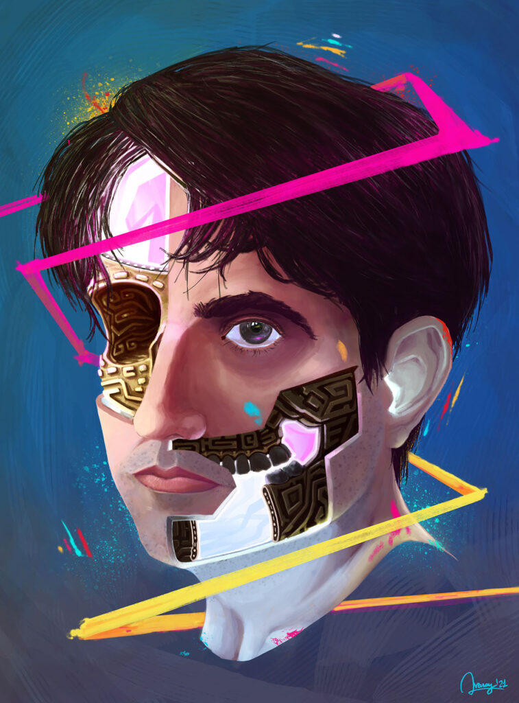 Fantasy Illustration by Andrés Avaray - Self portrait decomposed into multiple layers of skin meat bones jeweled in twisted ways similar to pre-Columbian art and simple light behind - bright, cheerful and fresh color palette - digital painting illustration concept art - character game film book color palette fantasy dream nightmare visual poetry self inquiry mystic mysticism consciousness