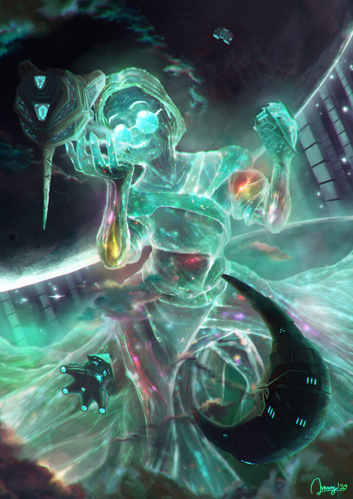 Fantasy Illustration by Andrés Avaray - Green hand cosmic size benevolent grandmother entity dressed with nebulas and stars, playing childly with a few disturbed starships - cosmic galactic universe pachamama granma granny - starship, fleet, alien races civilizations - digital painting illustration concept art - creature character vehicle game film artwork book color palette fantasy scify futuristic dream visual poetry technology space nebula galaxy giant creature
