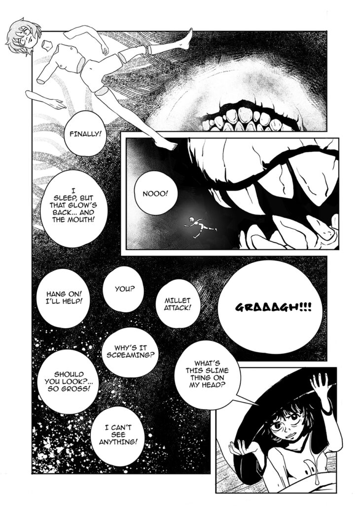 Paranormal and Slice of life comedy comic book 'Had a Weird Day' page by Andrés Avaray - Bad dreams giant toothed mouth