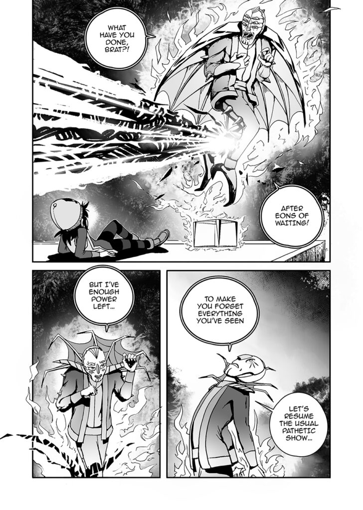 Paranormal and Slice of life comedy comic book 'Had a Weird Day' page by Andrés Avaray - Defeated demon by a little girl