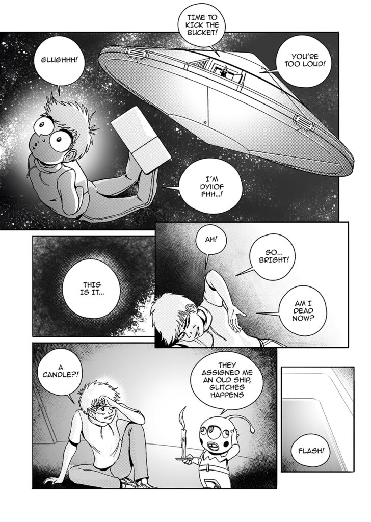 Paranormal and Slice of life comedy comic book 'Had a Weird Day' page by Andrés Avaray - A narcissistic idiot being thrown out of a UFO in space because even the aliens can't stand him.