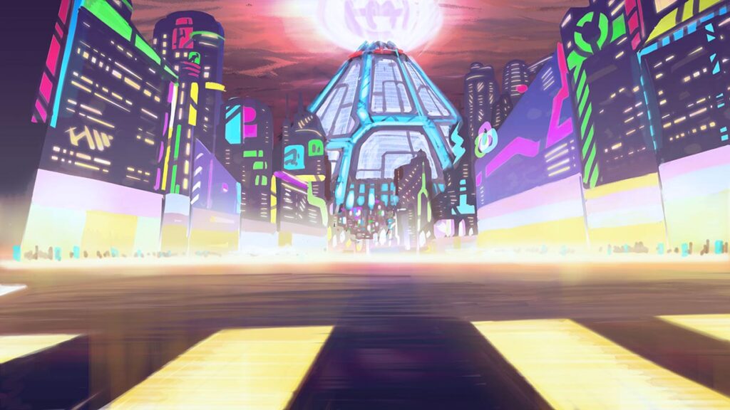 'Working for You' animation shortfilm preproduction scenery concept art and color key cartoon style main street digital painting by Andrés Avaray