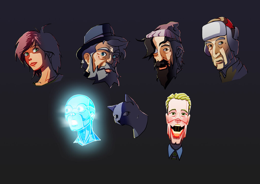 'Working for You' animation shortfilm preproduction concept art cartoon style character roster faces study and color key digital painting by Andrés Avaray