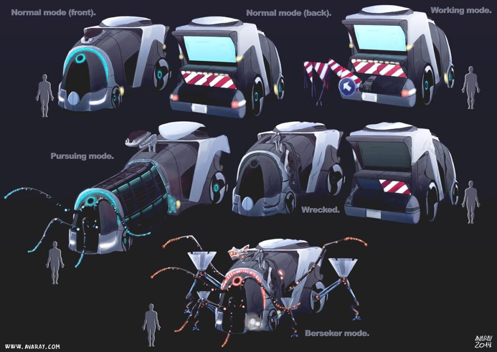 'Working for You' animation shortfilm preproduction concept art cartoon style mechanical creature evolution final design digital painting by Andrés Avaray