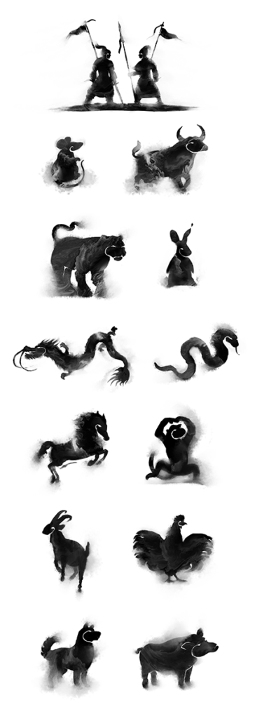 Fantasy and book illustration by Andrés Avaray - alive ink painting chinese zodiac - All animals