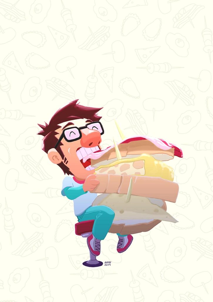 Cartoon Illustration by Andrés Avaray - Muppet figure human character eating spanish tapas