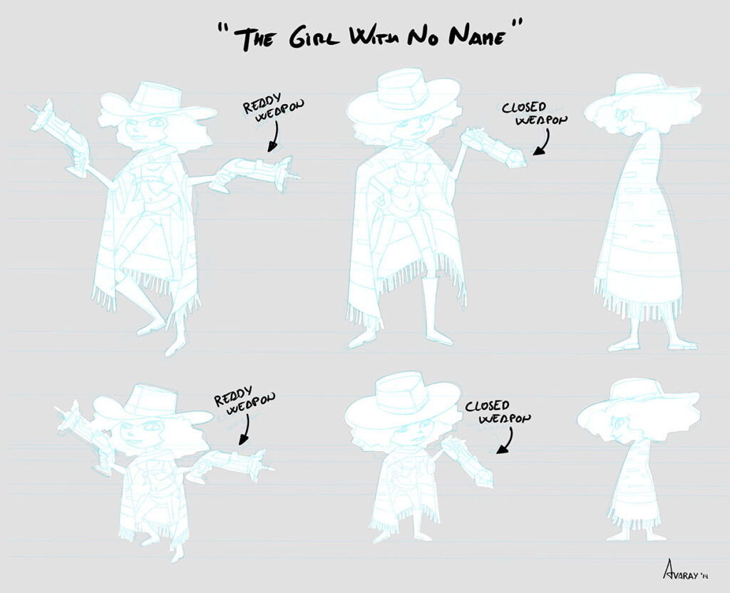 Videogame character cartoon design - hero western sci-fi girl in a cartoon style sketch by Andrés Avaray
