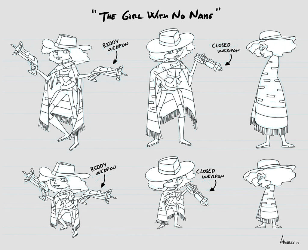 Videogame character cartoon design - hero western sci-fi girl in a cartoon style line art by Andrés Avaray