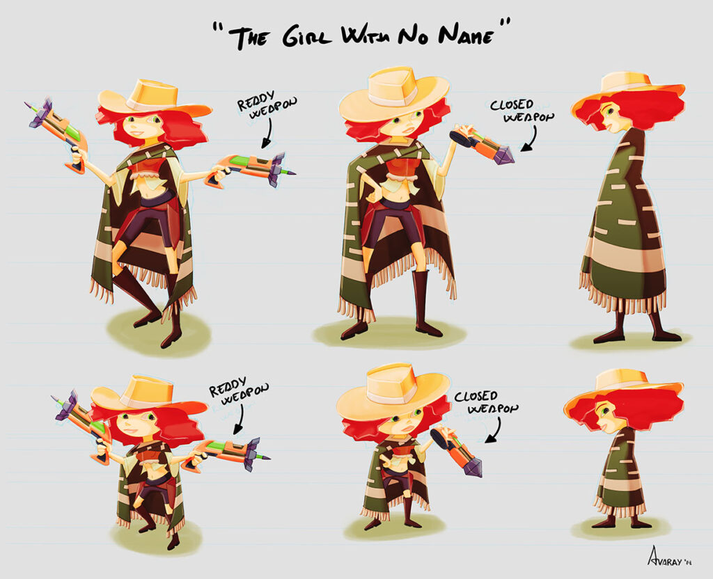 Videogame character cartoon design - hero western sci-fi girl in a cartoon style full color by Andrés Avaray