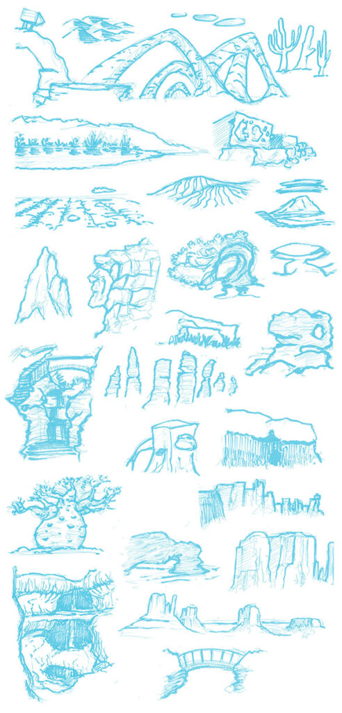 Quick videogame alien scenery sketches by Andrés Avaray