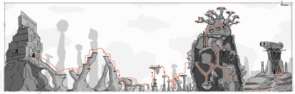 Videogame alien sci-fi scenery and level concept sketch by Andrés Avaray
