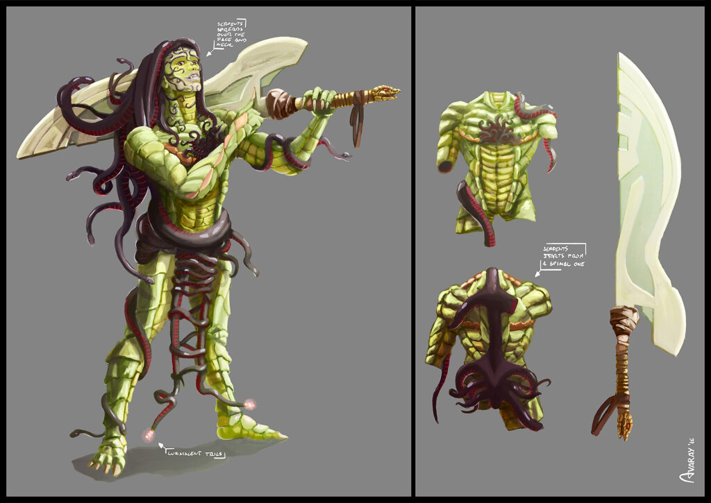 Fantasy character design by Andres Avaray - Male gorgon creature for battle game - painting - character design concept art for video game or film