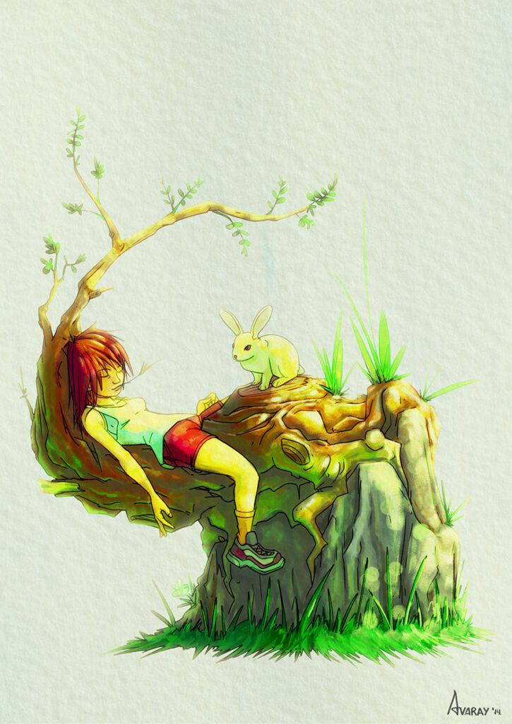 Cartoon Illustration by Andrés Avaray - girl sleeping in spring forest with white rabbit watching her