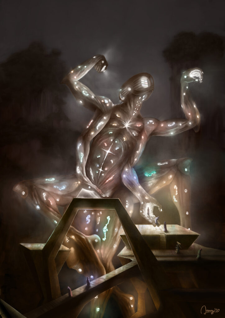 Fantasy Illustration by Andrés Avaray - cold foggy winter night lighted giant dancing in the mountain carrying passengers - light breaking through the fog - digital painting illustration concept art - creature character dark color palette fantasy visual poetry