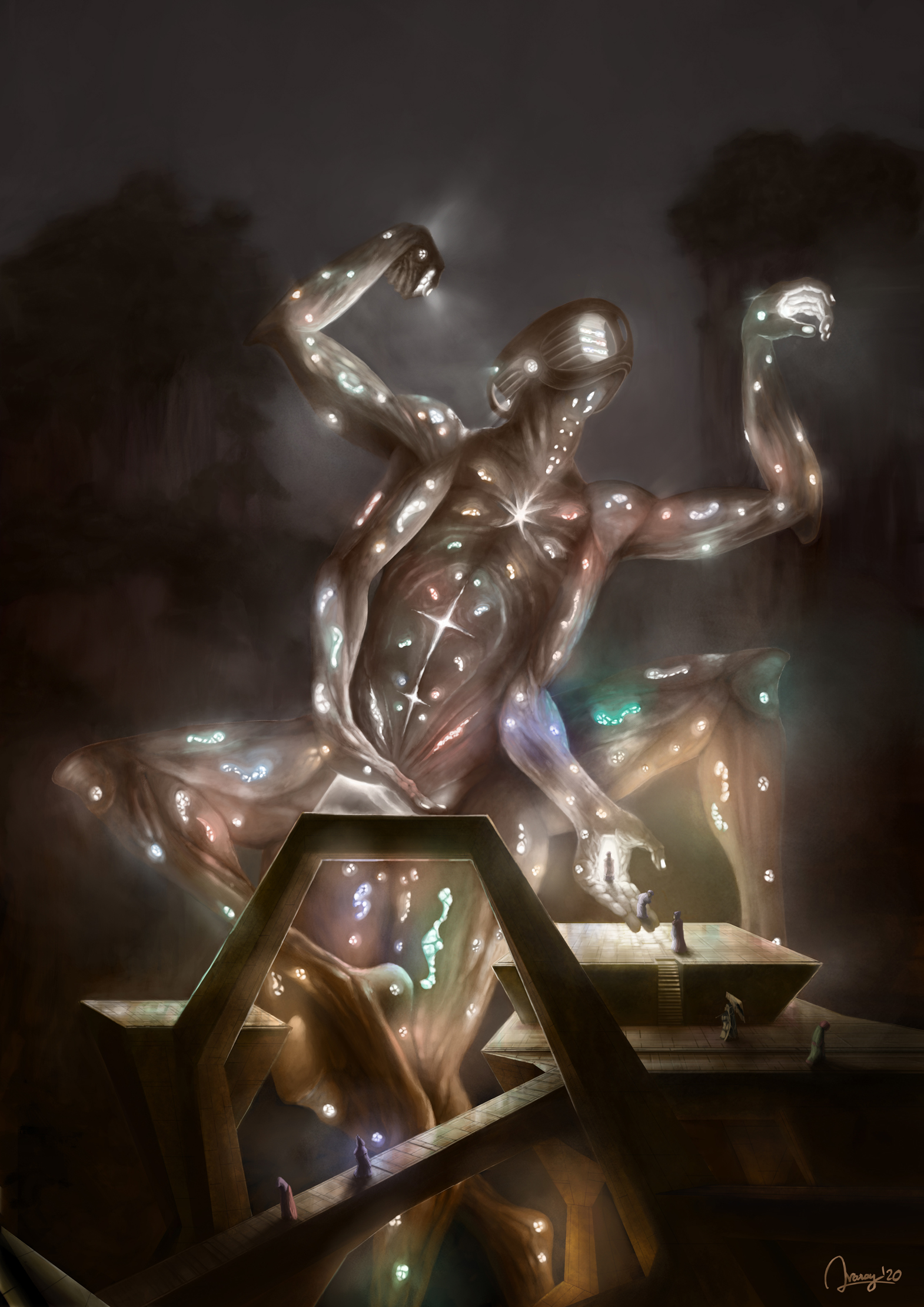 - cold foggy winter night lighted giant dancing in the mountain carrying passengers - light breaking through the fog - digital painting illustration concept art - creature character dark colorpalette fantasy visualpoetry